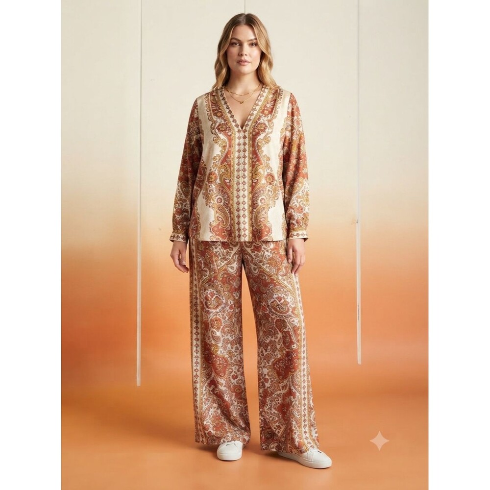 NWOT JM Collection 2Pc Floral Paisley Boho Set V-Neck Blouse 0X Wide Leg Pants L